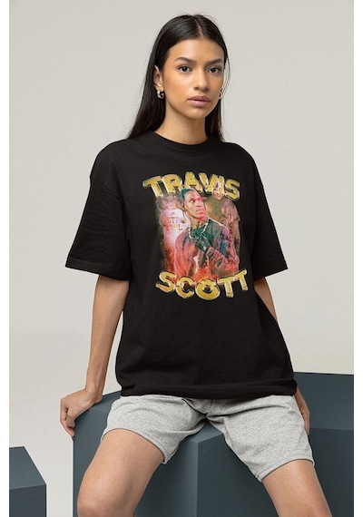 Travis Scott Rapper Baskılı Unisex Oversize Tişört Siyah