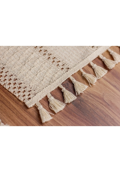 Pamuk Örme Püsküllü Dantel Organik Pamuk Krem Runner 35x145