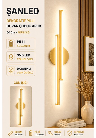 Dekoratif 20w İç Mekan Gold Kasa Gün Işığı 60 Cm Duvar Aplik Pilli 1 Adet