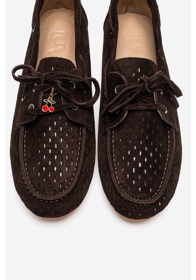 Luvishoes Stevo Kahverengi Süet Hakiki Deri Delikli Bağcıklı Kadın Loafer Ayakkabı