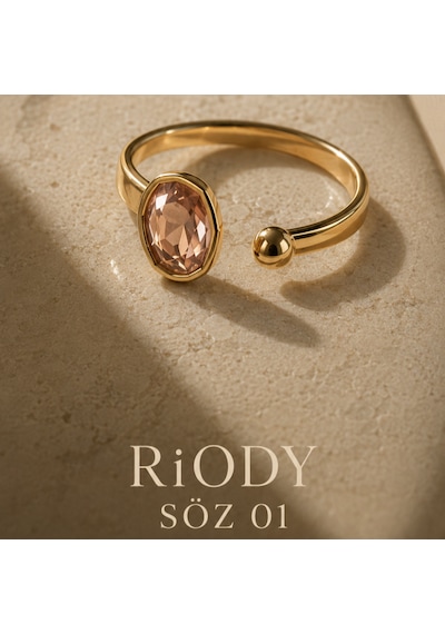 Riody Söz 01 Şampanya Tonlu Doğal Taşlı Gold Kaplama Ayarlanabilir Kadın Yüzük Altın Sarısı