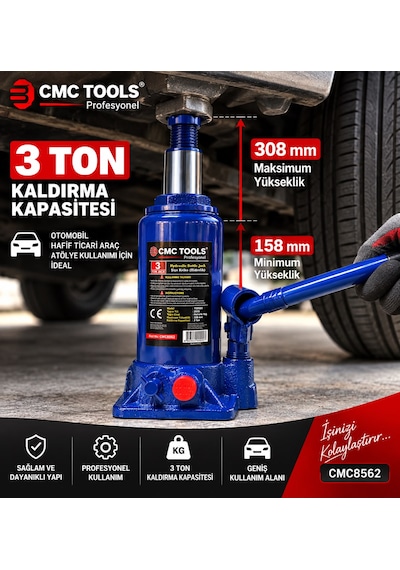 Cmc Tools Cmc8562 3 Ton Hidrolik Şişe Kriko 158-308 Mm 2 Parçalı Kollu