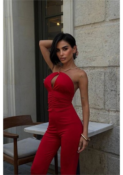 Neşeli Butik Kadın Kırmızı Halter Yaka Zincir Askılı İspanyol Paça Premium Tulum Nbdf290 Neşeli Butik Kadın Kırmızı Halter Yaka Zincir Askılı İspanyol Paça Premium Tulum Nbdf290