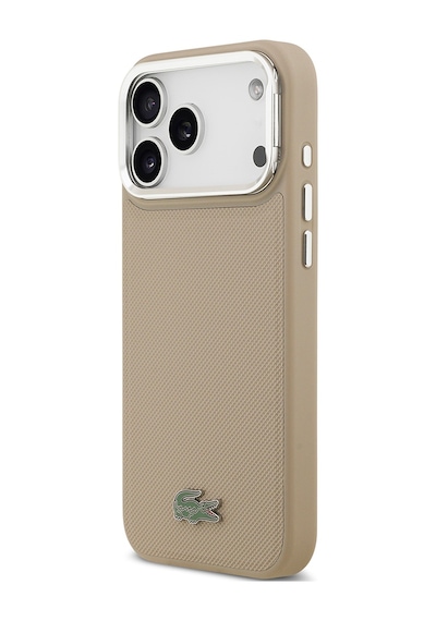 Apple Uyumlu iPhone 17 Pro Max Kılıf Lacoste Lisanslı M-safeli Pu Pike Desenli Standlı Metal Logolu Kapak Bej Bej