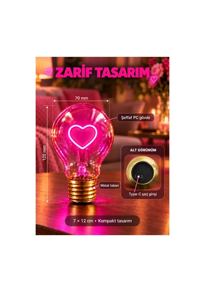 Kalp Şeklinde Neon Dekoratif Masa Lambası Ampul Şeklinde Yeni Nesil Aydınlatma Pembe Çok Renkli