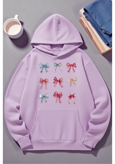 Uyguntarz Unisex Renkli Kurdele Baskılı Kapüşonlu Sweatshirt Lila