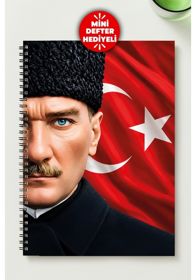 Atatürk Temalı A5 Metal Spiralli Çizgili Karton Kapak Atatürk Temalı A5 Çizgili Defter Siyah