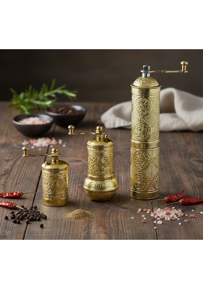 Ludıa Zamak Metal Altın Renk 3 Lü Set Karabiber,kahve,çörek Otu El Değirmeni Öğütücü Grinder S2 Altın