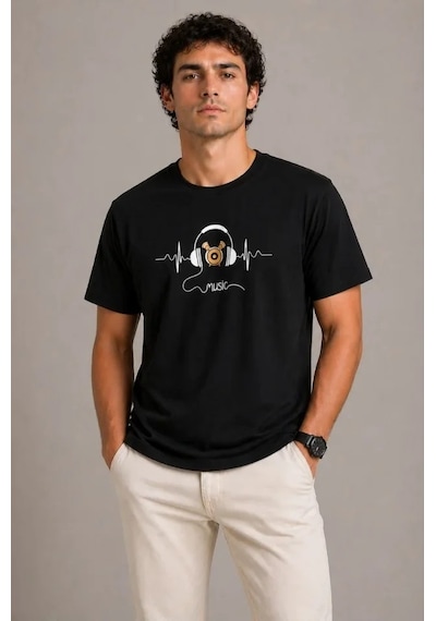 Efnaz Style Erkek Müzik Temalı Baskılı Tişört Bisiklet Yaka Kısa Kol T-shirt - Siyah