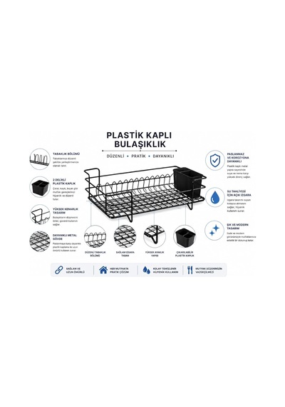 Metal Bulaşıklık Plastik Kaplamalı Bulaşık Kurutma Rafı Çift Bölmeli Kaşıklıklı Tezgah Üstü Mutfak Organizeri Diğer