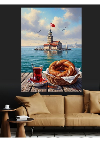 İstanbul Kız Kulesi Çay Simit Dekoratif Kanvas - Mdf Ahşap Tablo