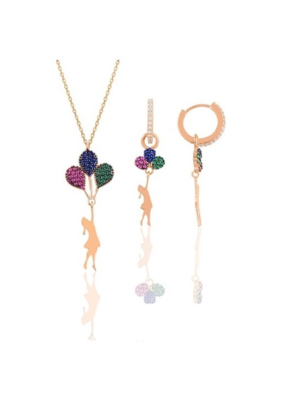 Gümüş Rose Balonlu Kız Kolye Ve Küpe Gümüş Set (536820708)