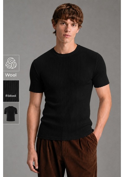 Tarz Cool Erkek Fitilli Likralı Slim Fit Bisiklet Yaka Tişört Siyah