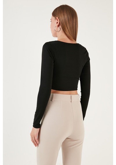 Lela Slim Fit Kalp Yaka Önü Büzgülü Crop Bayan Bluz 5865401 Siyah