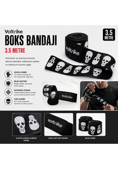 Voltrike Kuru Kafalı Boks-kickbox-muay Thai-sanda El Bandajı Siyah 3.5 Metre Çok renkli