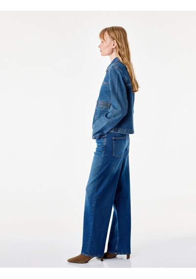 Koton Pamuklu Regular Fit Kısa Geniş Paça Denim Pantolon - Culotte Jeans Koyu İndigo 7wal40114md