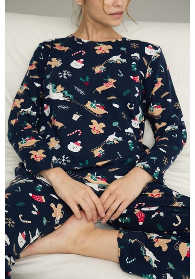 Siyah İnci Yılbaşı Desenli Pamuklu Bisiklet Yaka Örme Pijama Takım 25241140 Lacivert