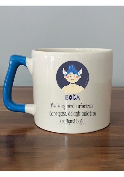 Boğa Burcu Ve Onla Alakalı Komik Açıklama Baskılı Mavi Kulplu D Kupa
