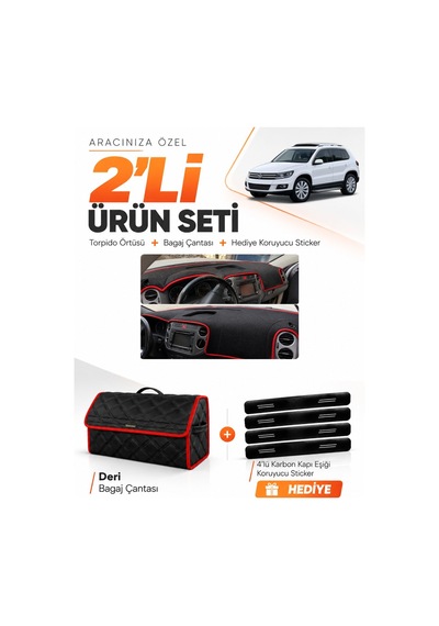 Volkswagen Tiguan 2007-2015 Uyumlu Torpido Örtüsü + Deri Bagaj Çantası + Sticker - Siyah Kırmızı