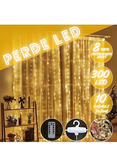 Perde Led 3x3 Kumandalı 8 Fonksiyonlu 300 Led 10 Sarkıtlı Yılbaşı Çam Ağacı Süsleme Usb Gece Lambası