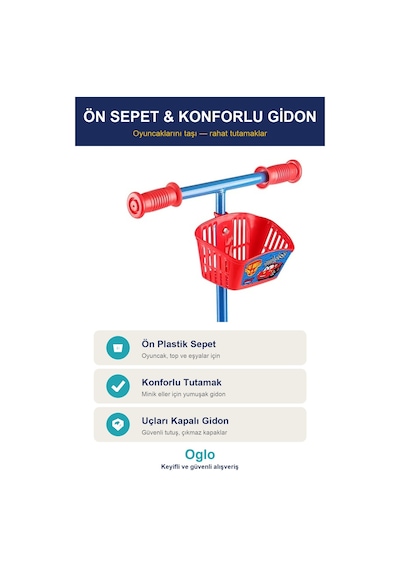 Çocuk Scooter 3 Tekerlekli Frenli Sepetli Dengeli İlk Scooter, Ayarlanabilir Gidon 3+ Yaş Kırmızı