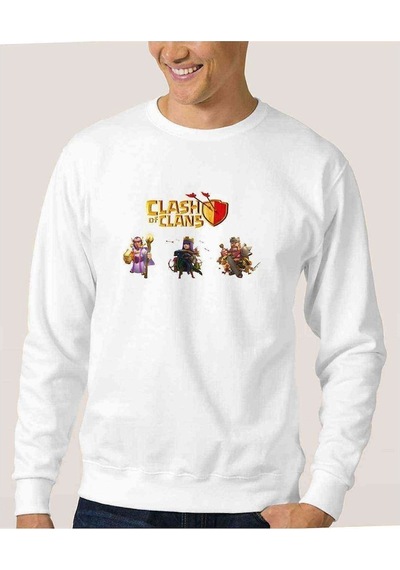 Clash Of Clans 2 Baskılı Beyaz Erkek Örme Sweatshirt (528365075)