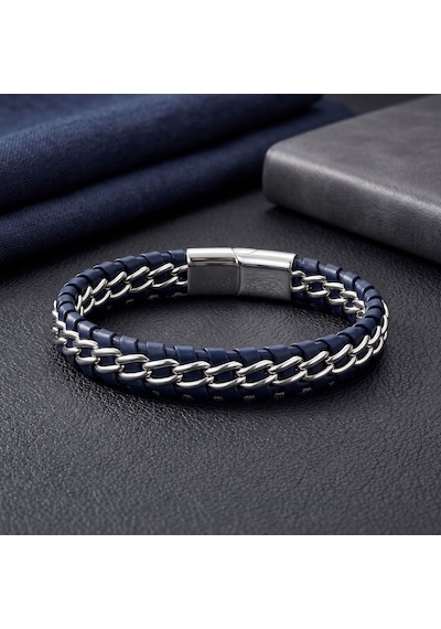 Premium Parlak Ve Şık Lacivert Çift Zincir 316l Çelik Ve Deri Bileklik 31834b2d6-20 Cm