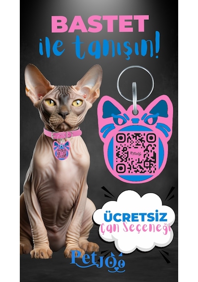 Petjoo 1.Bastet Mavi-Pembe Qr'lı Kedi Künyesi