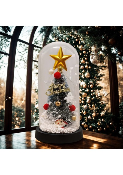 Yılbaşı Temalı Işıklı Dekoratif Cam Fanus Led Masa Süsü 22x11 Cm 01