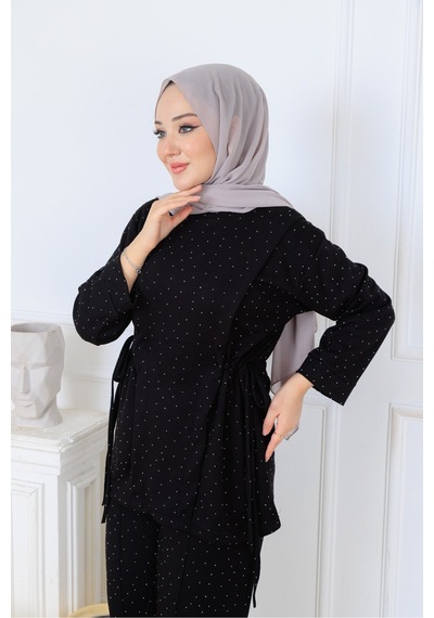 Unika Boutique Kadın Siyah Modal Kumaş Taşlı İkili Takım Tesettür Takım