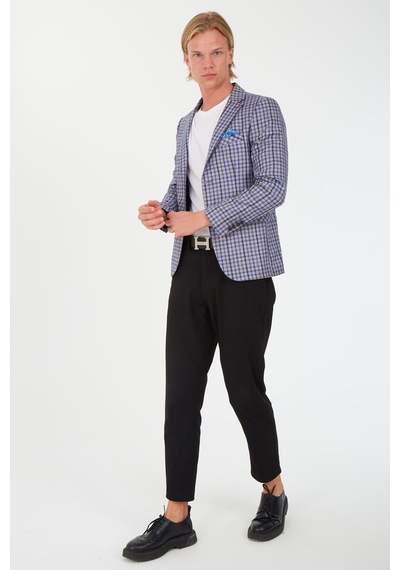 Sposo 5138 Dar Kalıp Kare Desenli Lacivert Erkek Blazer Ceket Lacivert