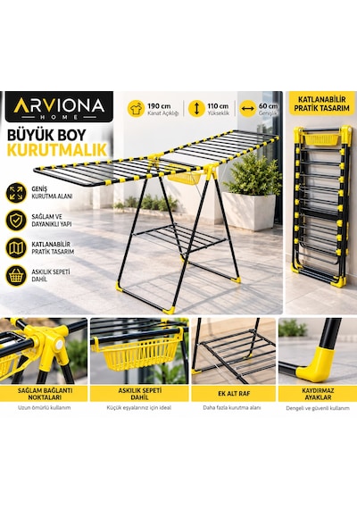 Arvıona 190 Cm Kanatlı Çamaşır Kurutmalığı Mandal Sepetli Metal Sarı - Siyah