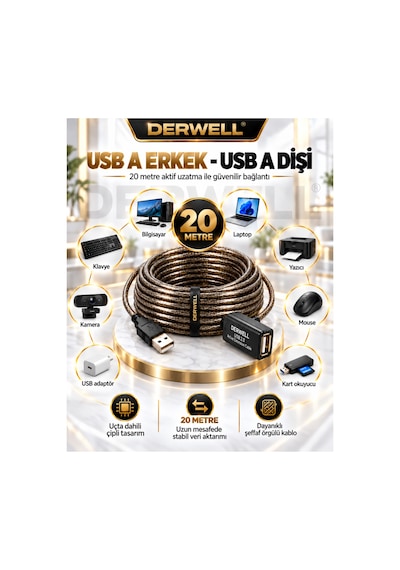 Yeni 2026 20 Metre Usb 2.0 Aktif Uzatma Kablosu Dahili Güçlendirilmiş Sinyal Çipli Kopma Donma Yapmaz Tak Çalıştır Erkek Dişi Yüksek Hızlı Kararlı Veri Aktarım Kablosu Gold Seri Premium
