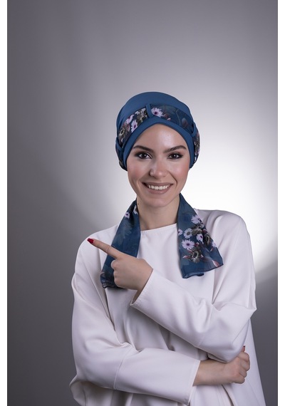 Hürrem Bone P. Mavisi Pratik Hazır Geçmeli Tesettür Bone Sandy Kumaş Desenli Şifon Kemerli 1205d 17 Petrol Mavisi