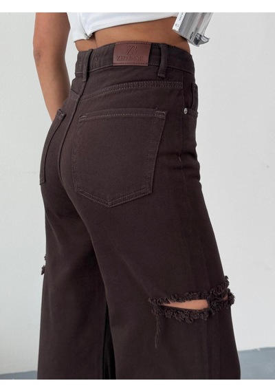 Kadın Kahverengi Baggy Jean Yüksek Bel Kot Pantolon Denim Kumaş Yanlardan Lazerli Kahverengi