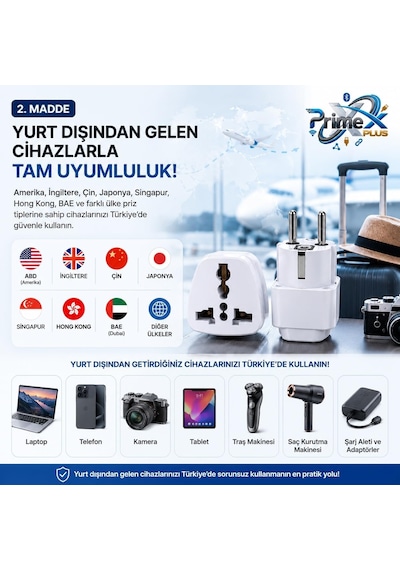 Primex Px-amc1 Universal Priz Dönüştürücü, Amerikan Priz Ve İngiliz Priz Türk Çevirici Adaptör, Us/uk To Eu Türk Fiş Adaptörü Seyahat Tipi Çevirici Çok Renkli