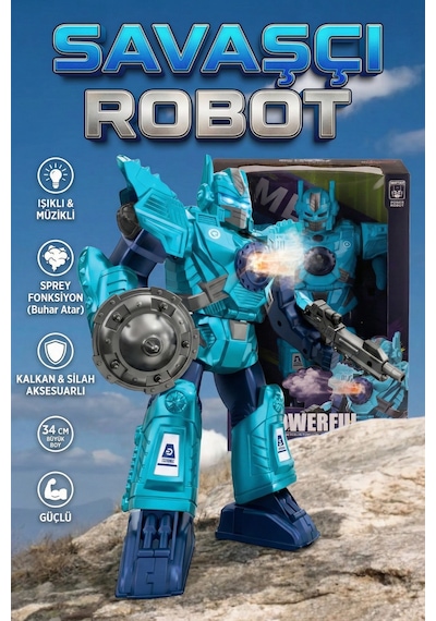 Işıklı Müzikli Savaşçı Robot 34 Cm Büyük Boy Oyuncak - Mavi/kırmızı