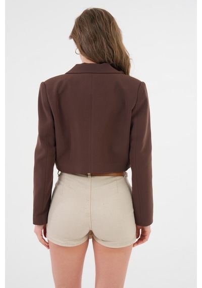 Acı Kahverengi Kruvaze Crop Blazer Ceket Acı Kahverengi