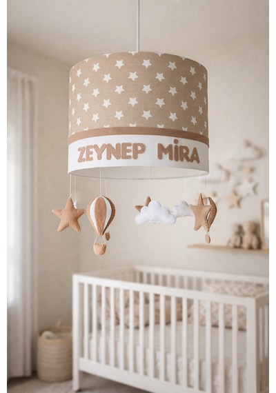 Kahverengi Yıldızlı Bebek Odası Avizesi El Yapımı Kişiye Özel Aydınlatma 30x20 Cm Bej Kahve