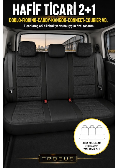 Vw Caddy 2015-2019 Uyumlu Lion Serisi 2+1 Ticari Tay Tüyü Siyah Koltuk Kılıfı