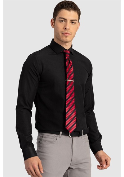 Tudors Slim Fit Dar Kesim Düz Erkek Gömlek-17088 Siyah