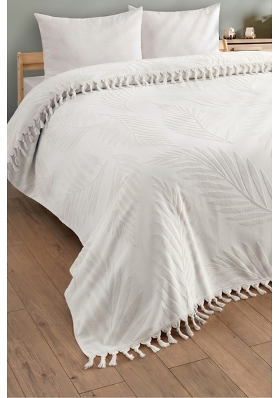 Çift Kişilik Saçaklı Havlu Yatak Örtüsü - %100 Pamuk & Yumuşak & Saçaklı Pike - 200x220 Cm-ekru Ekru