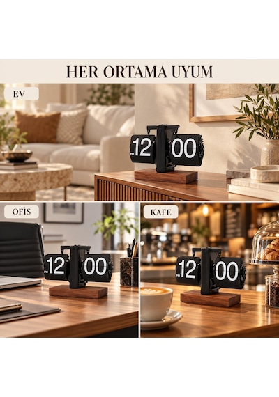 Retro Yapraklı Masa Saati Ahşap Tabanlı Sessiz Mekanizmalı Flip Clock Ev Ofis Kafe Dekoratif Saat Syh Siyah