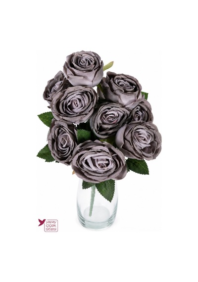 Yapay Çiçek Sitesi 9 Kafalı Yapay Gül Demeti 43 Cm Füme Gri