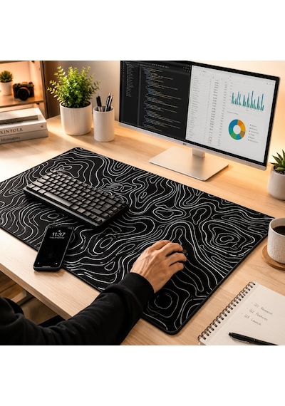 90x40 Cm Mouse Pad, Beyaz Topografik Kontur Desenli Büyük Mouse Pad, Kaymaz Kauçuk Tabanlı, Dikişli Kenarlı 3 Mm Klavye Ve Mouse Altlığı, Minimal Desk Mat