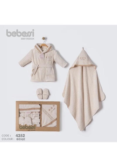 Bebessi %100 Pamuk Otantik Desenli Bornoz Set Bej Bbs.4252.bej 0 - 3 Ay