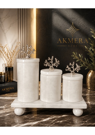Lüks 4 Parça Mermer Top Ayak Kavanoz Seti Beyaz