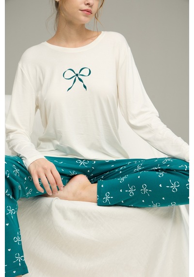 Siyah İnci Pamuklu Bisiklet Yaka Örme Pijama Takım25241159 Ekru