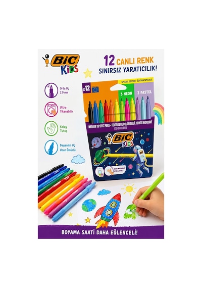 Keçeli Kalem 12 Renk 1 Paket Bic Couleur 12 Li Keçeli Kalem Canlı Renkler Pastel Ve Neon Renkler Yıkanabilir Kaliteli
