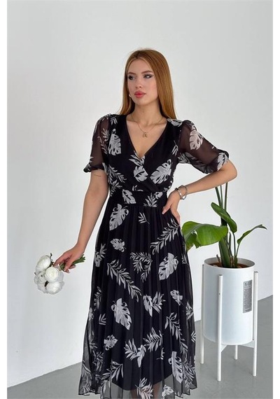 Neşeli Butik Kadın Siyah Yeni Sezon Piliseli Yazlık Şifon Elbise Nbq005 Siyah
